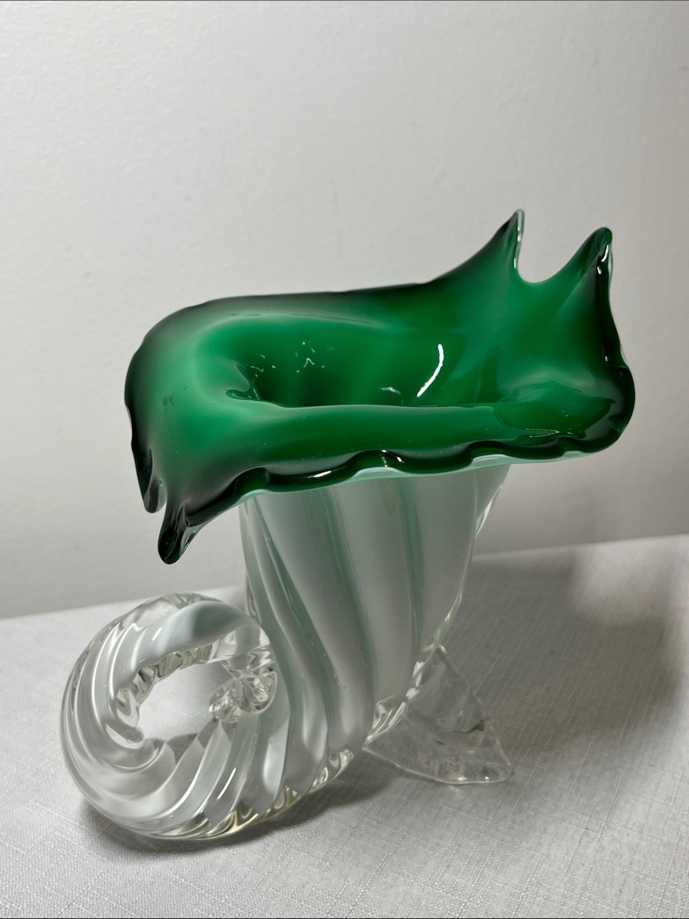 Vintage Murano art glass vase 
distinctive cornucopia
green & white